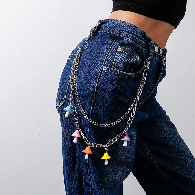 Silver chain waist chain multicolor with bohemian rainbow resin mushroom charms for punk hip hop fashion