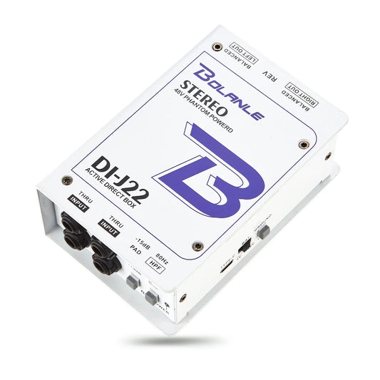 White bolanle j22 active stereo di box with purple logo and black jacks featuring 48v phantom power for guitar bass keyboard