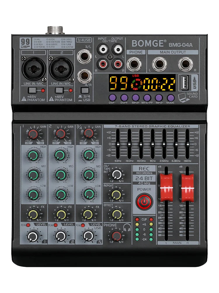 Black bomge bmg-d4a 4 channel audio mixer with digital display colorful knobs usb bluetooth aux dj recording