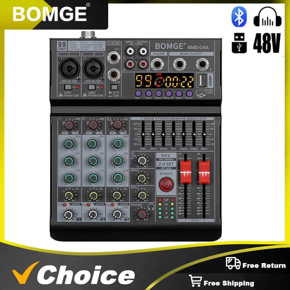 Black bomge bmg-04a 4 channel audio mixer with digital display colorful rotary knobs and multiple input output jacks for dj use