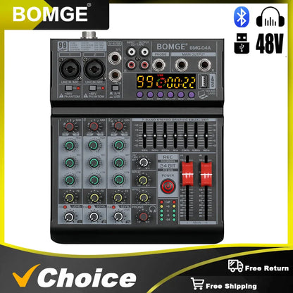 Black bomge bmg-04a 4 channel audio mixer with digital display colorful rotary knobs and multiple input output jacks for dj use