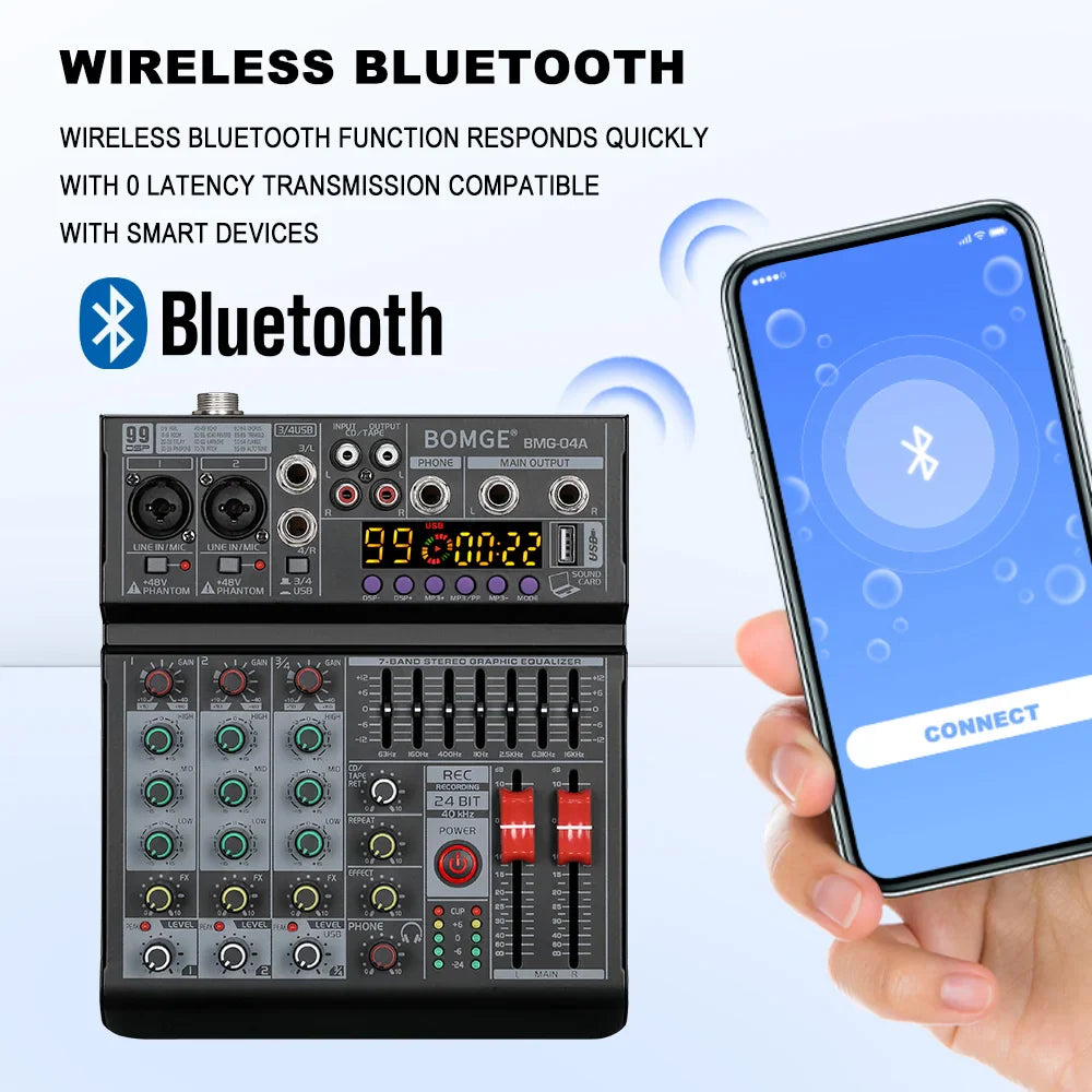Black bomge bmg-04a wireless bluetooth 4 channel mixing console with green and red knobs and digital display 950022