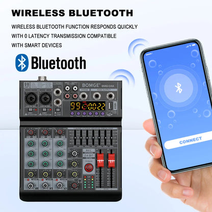 Black bomge bmg-04a wireless bluetooth 4 channel mixing console with green and red knobs and digital display 950022
