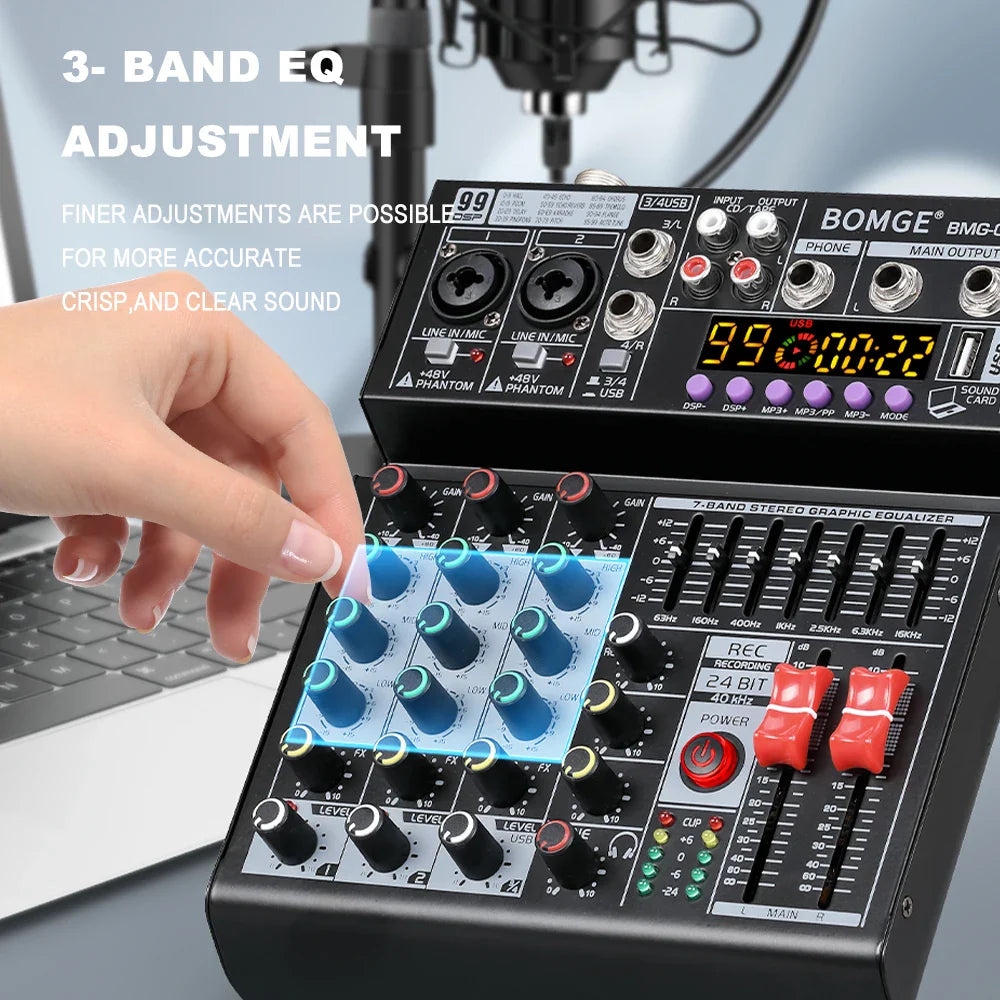 Black bomge bmg-608 4 channel audio mixer with blue red knobs digital display usb pc bluetooth aux dj use