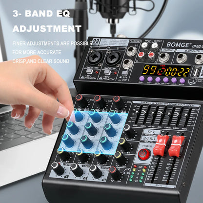 Black bomge bmg-608 4 channel audio mixer with blue red knobs digital display usb pc bluetooth aux dj use
