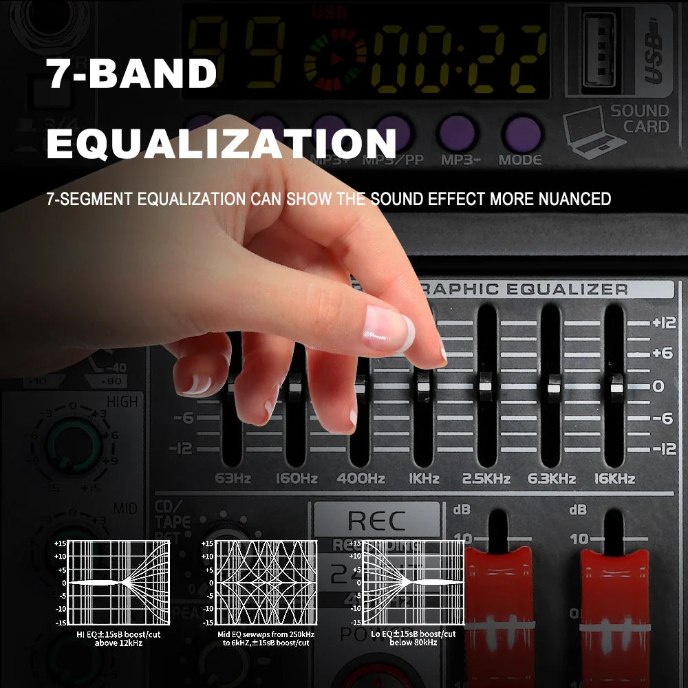 Black BOMGE 4 channel mixing console with red knobs and digital 7-band equalizer sound settings display