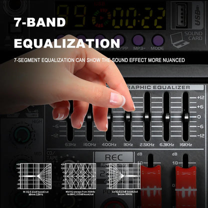Black BOMGE 4 channel mixing console with red knobs and digital 7-band equalizer sound settings display