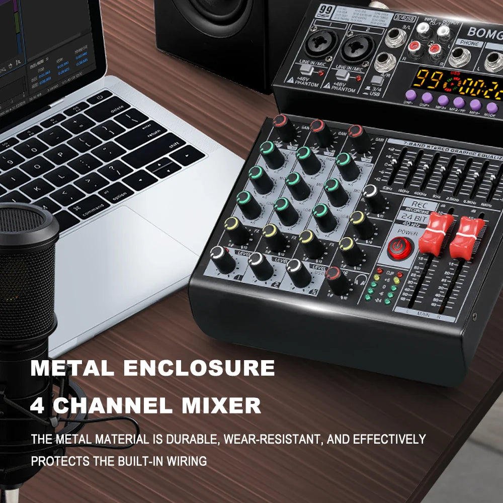 Black 4 channel audio mixer with green yellow and red knobs digital display and 99 band eq for dj and pc use