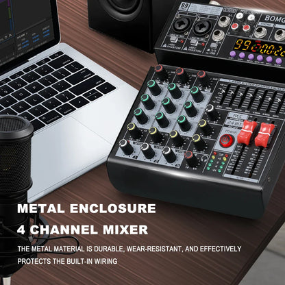 Black 4 channel audio mixer with green yellow and red knobs digital display and 99 band eq for dj and pc use