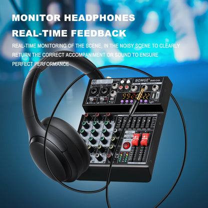 Black over-ear monitor headphones with sleek padded design and adjustable headband for bomge 4 channel mixing console use
