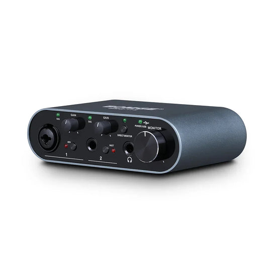 The bomge bmg-11s audio interface features a matte black and silver design with multiple inputs and a monitor headphones amplifier for 192khz professional sound