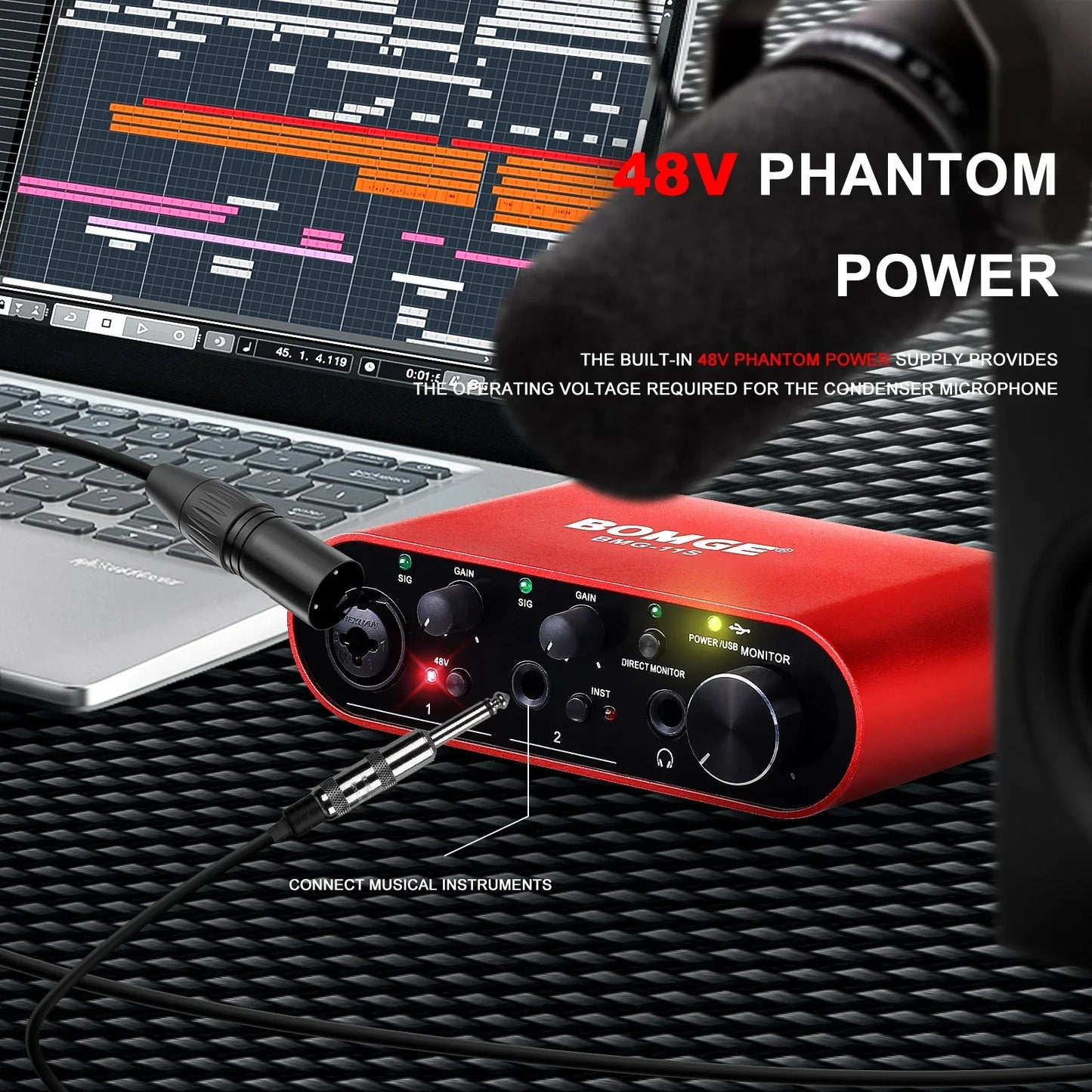 Bomge bmg-11s audio interface in red with black knobs featuring 48v phantom power and 192khz professional sound for live recording