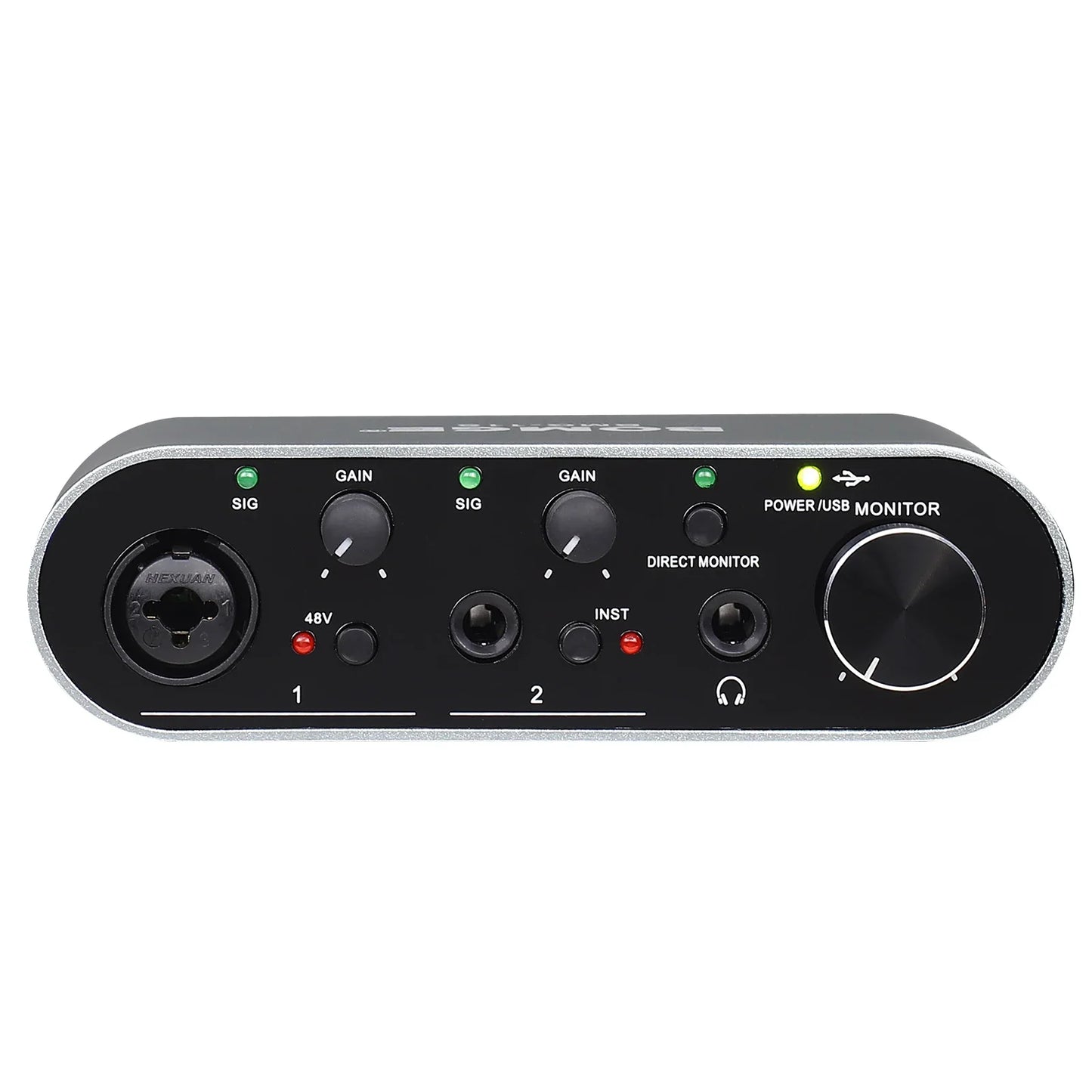 Black and silver bomge bmg11s usb audio interface with two xlr inputs gain knobs headphone jack and large volume knob