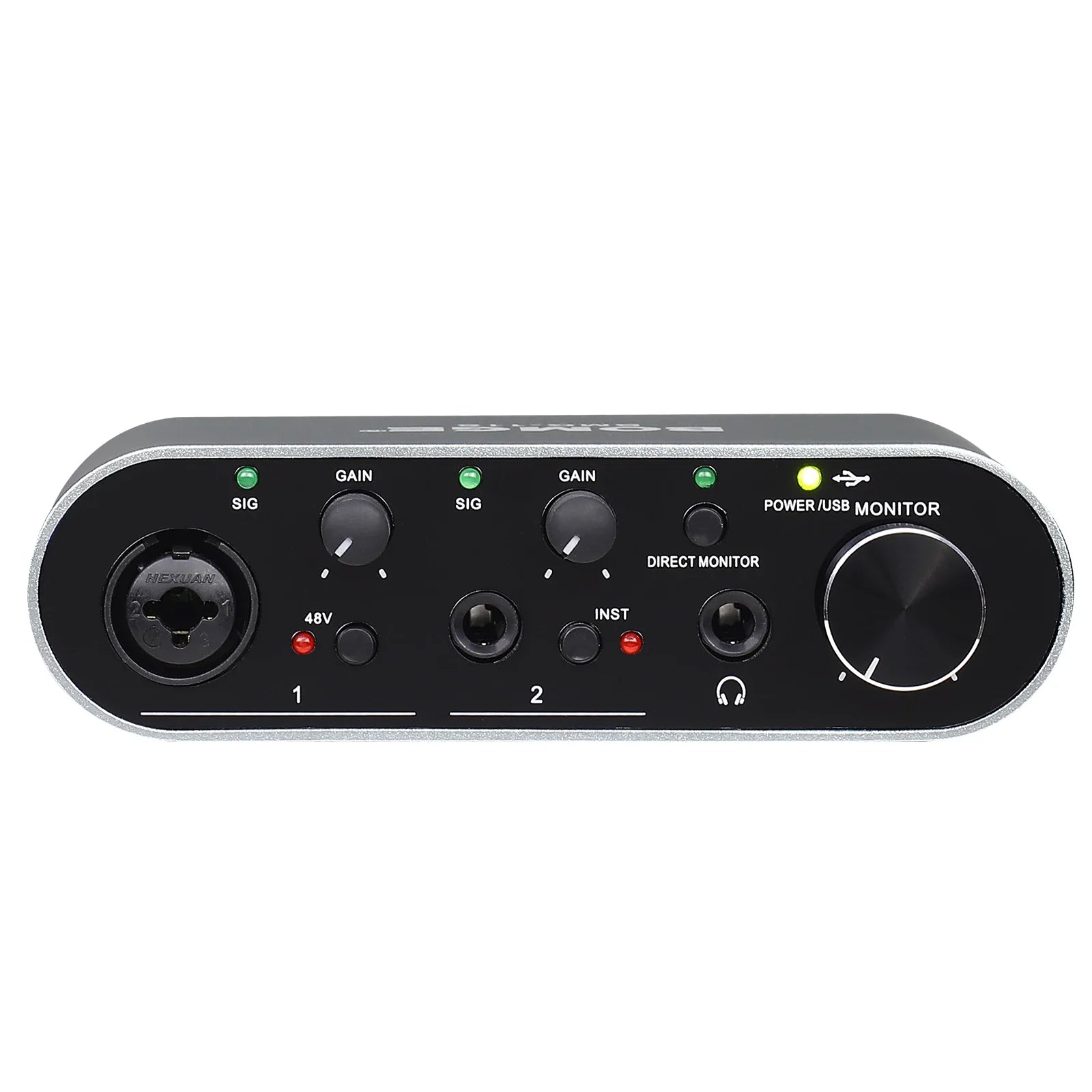 Black and silver bomge bmg11s usb audio interface with two xlr inputs gain knobs headphone jack and large volume knob