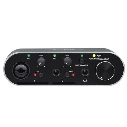 Black and silver bomge bmg11s usb audio interface with two xlr inputs gain knobs headphone jack and large volume knob