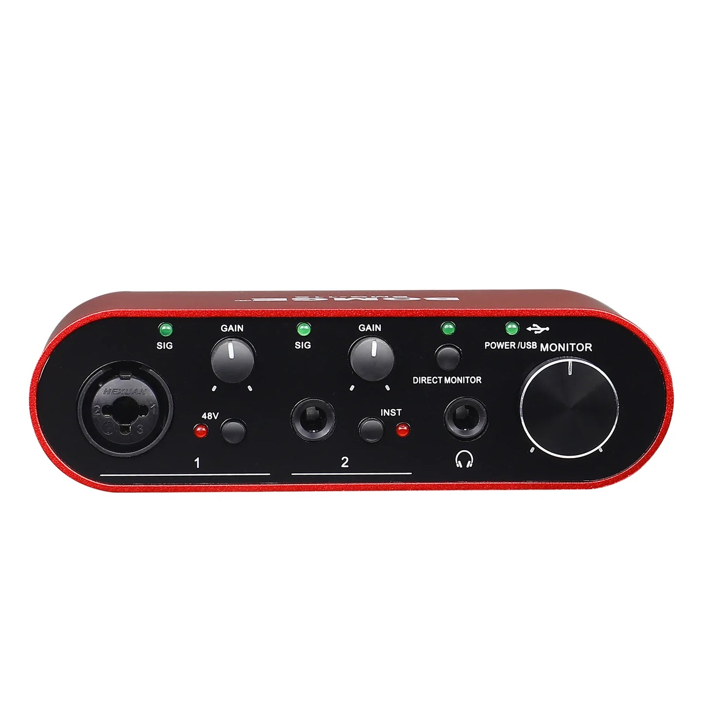 Red and black bomge bmg11s audio interface with two xlr inputs gain knobs and usb monitor dial for guitarists and podcasters