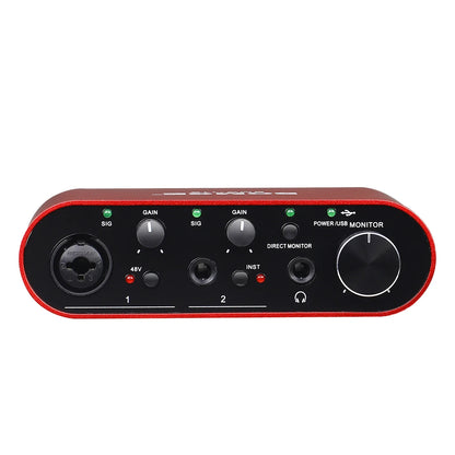 Red and black bomge bmg11s audio interface with two xlr inputs gain knobs and usb monitor dial for guitarists and podcasters