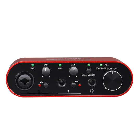 Red and black bomge bmg11s audio interface with two xlr inputs gain knobs and usb monitor dial for guitarists and podcasters