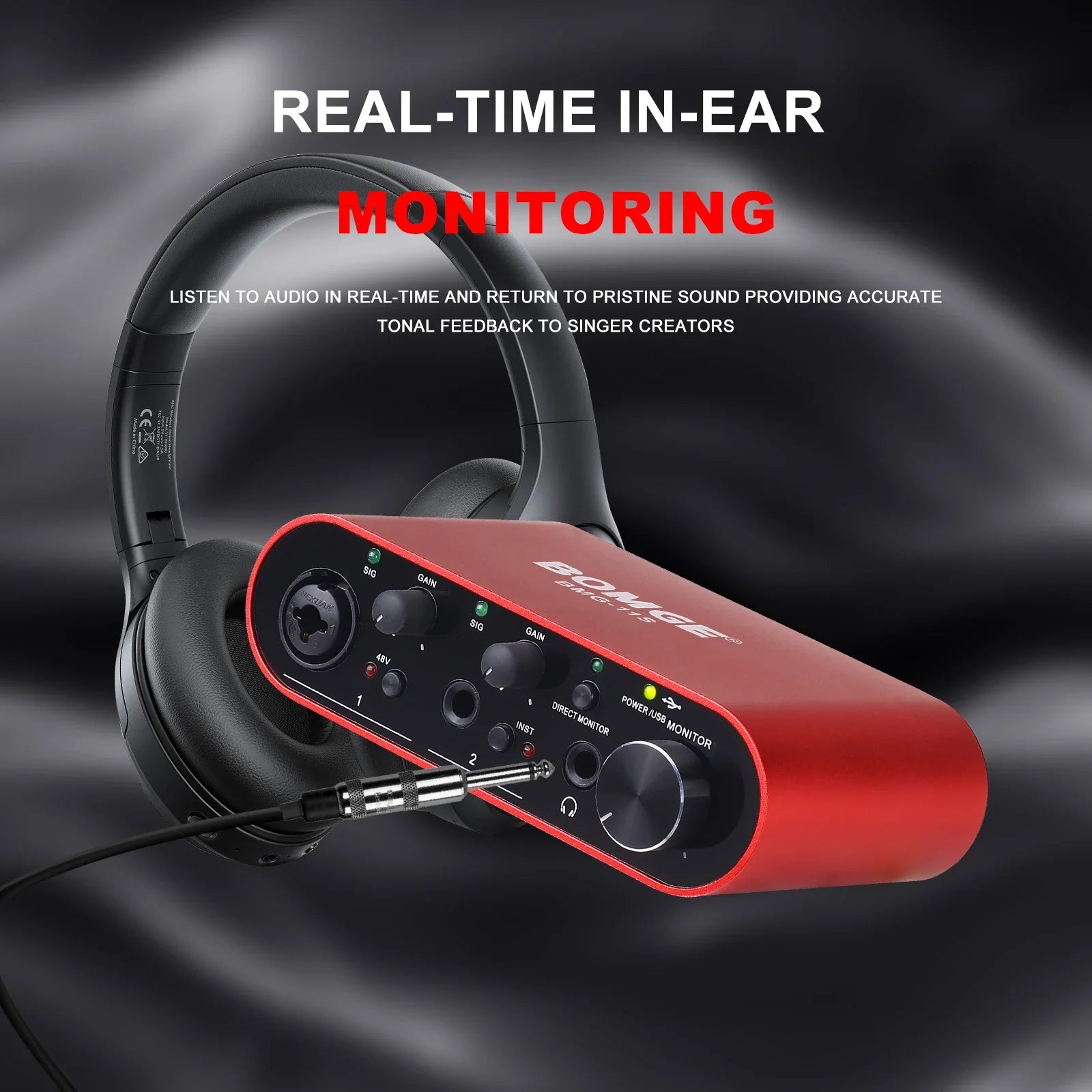 Red bomge bmg11s audio interface with black knobs and ports designed for real-time in-ear monitoring and recording