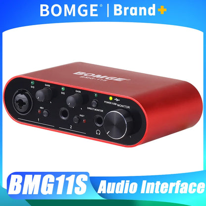 Red bomge bmg11s audio interface with black control panel and knobs 24-bit 192khz for guitar vocalist podcaster
