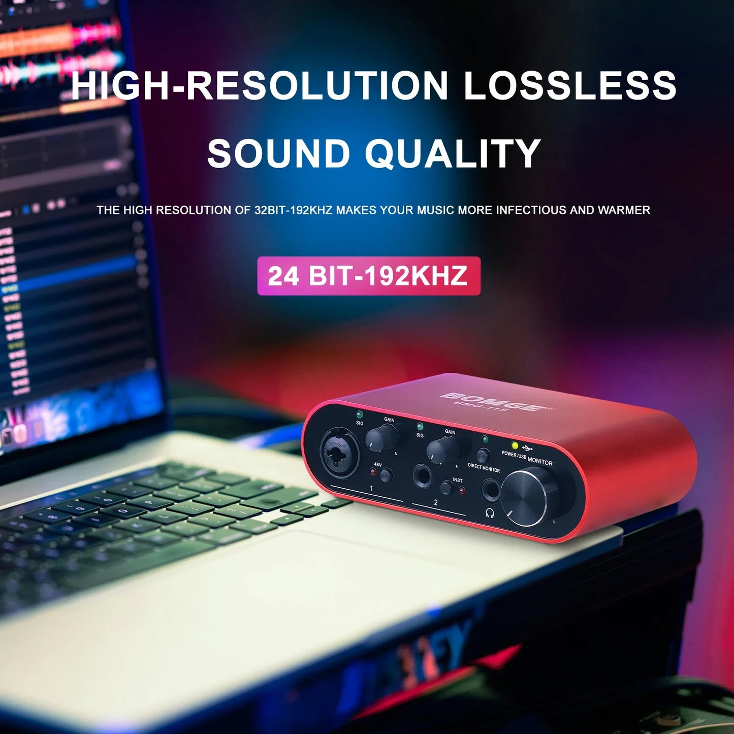 Red bomge bmg11s usb audio interface sound card with black control knobs and input output ports for guitar vocalist podcaster