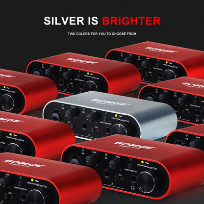 Silver bomge bmg11s audio interface with black control panel and knobs 24-bit 192khz for guitar vocalist podcaster
