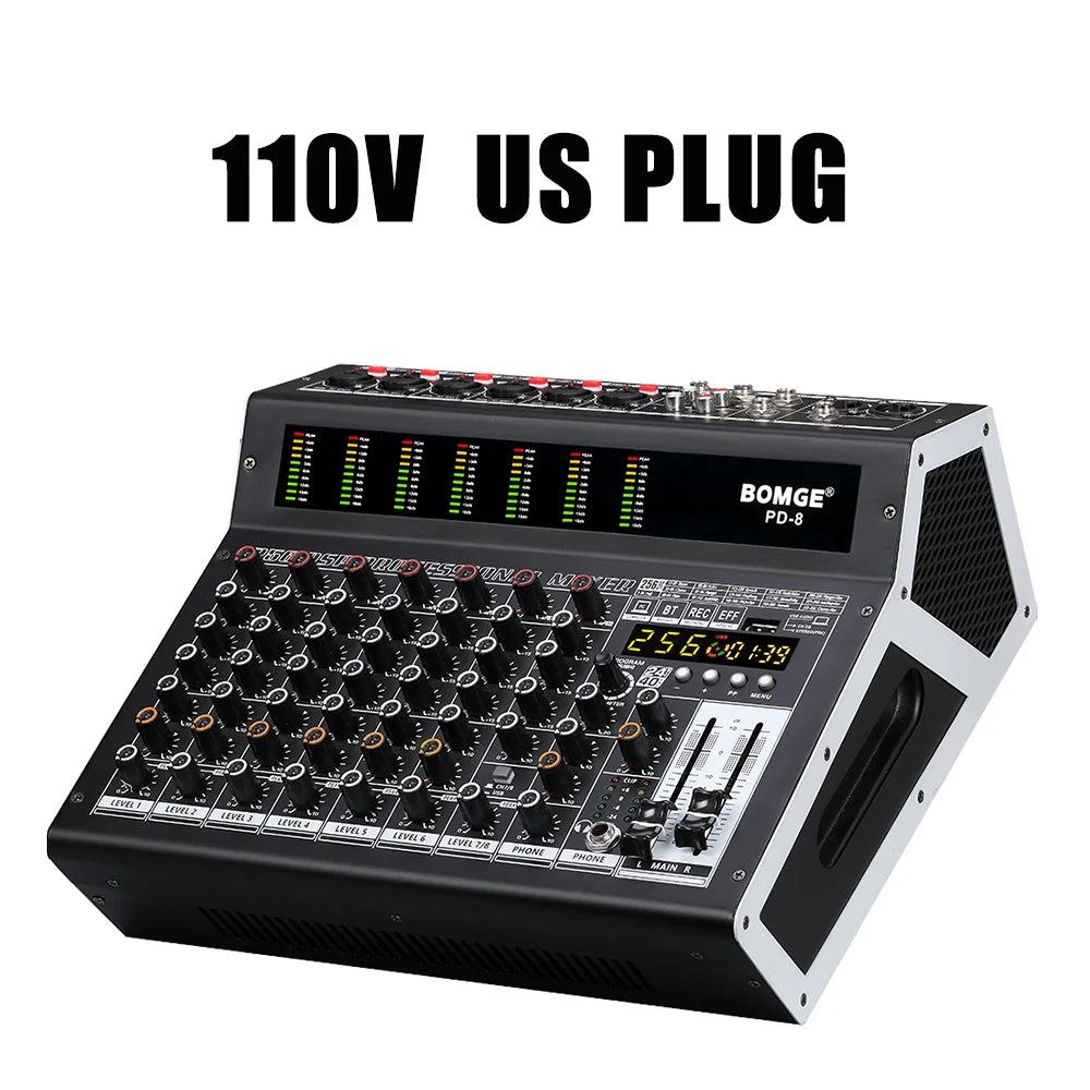 Black and silver bomge pd-8 professional 8 channel dj audio mixer with multiple knobs faders led meters and digital display