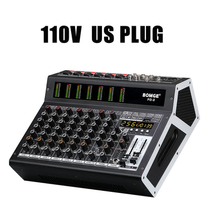 Black and silver bomge pd-8 professional 8 channel dj audio mixer with multiple knobs faders led meters and digital display