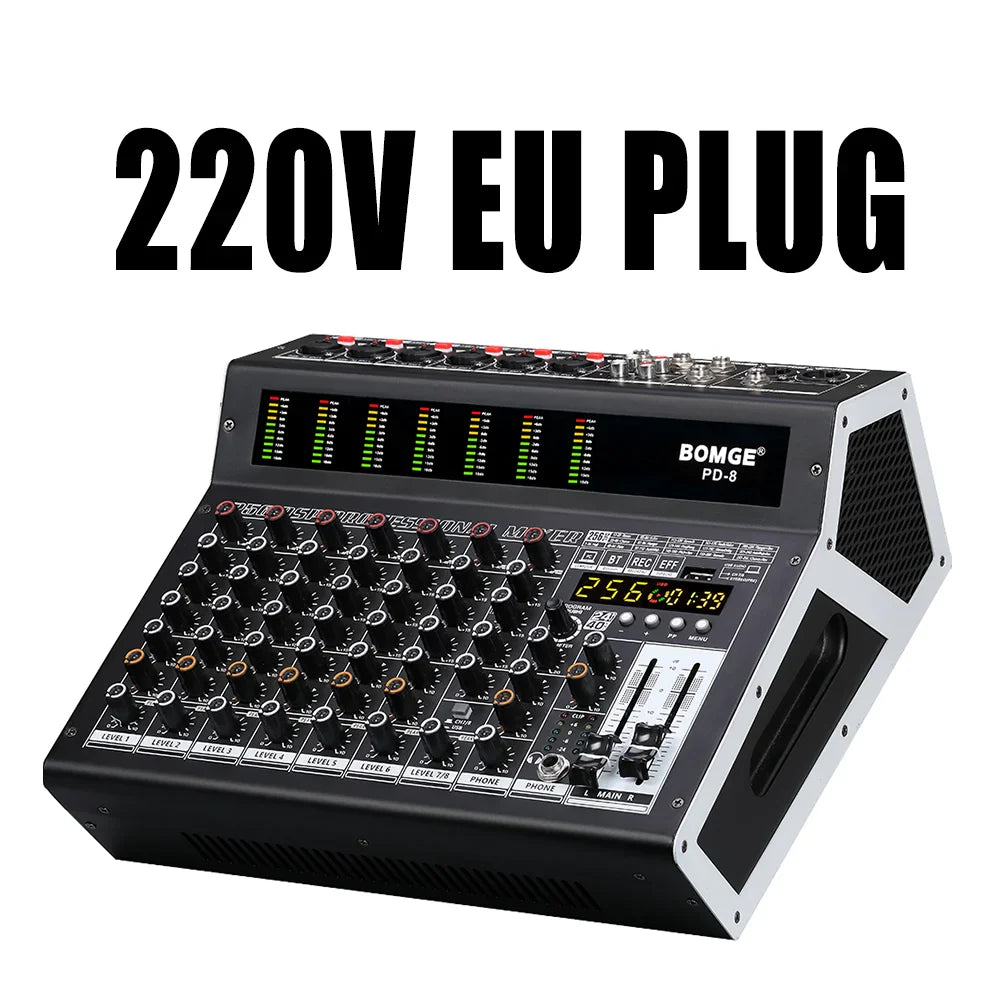 Black and silver BOMGE PD-8 professional 8 channel DJ audio mixer with knobs, faders, LED meters, and digital display