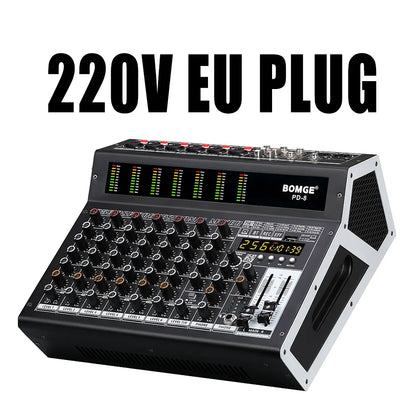 Black and silver BOMGE PD-8 professional 8 channel DJ audio mixer with knobs, faders, LED meters, and digital display