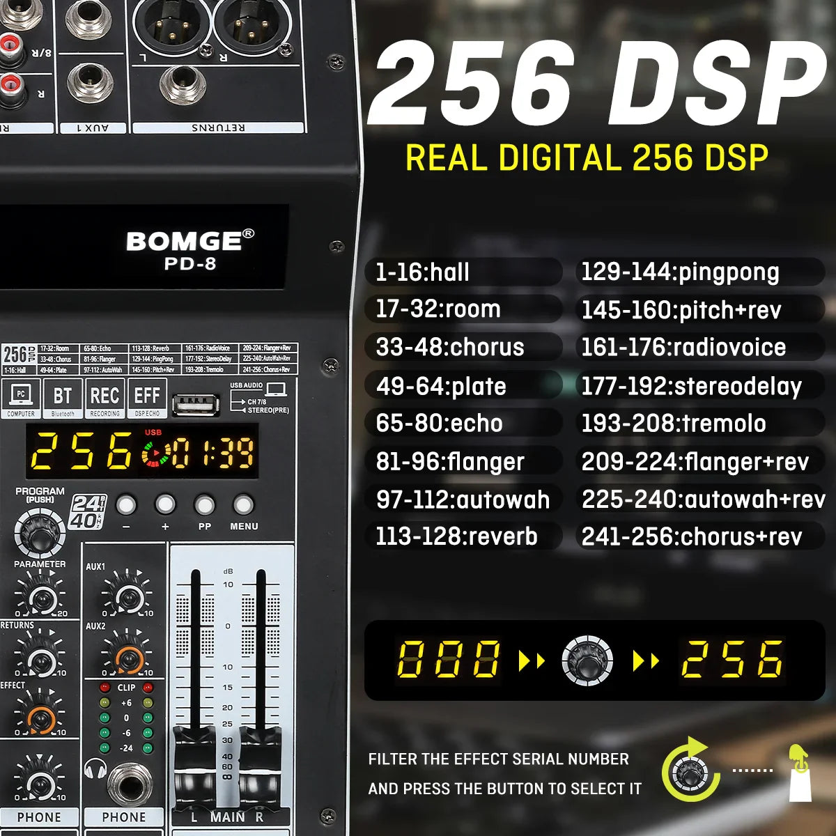 Black bomge pd-8 professional 8 channel dj audio mixer with power amplifier and built-in 256 dsp effects digital display