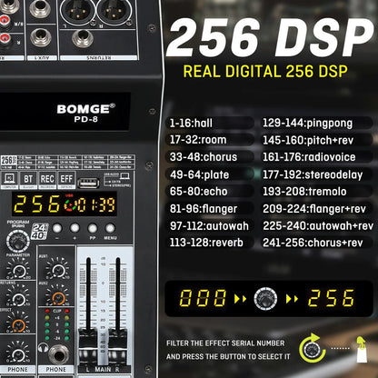Black bomge pd-8 professional 8 channel dj audio mixer with power amplifier and built-in 256 dsp effects digital display