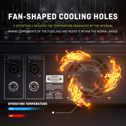 Black fan-shaped cooling hole on the back of bomge pd-8 professional mixing console with fiery visual effect