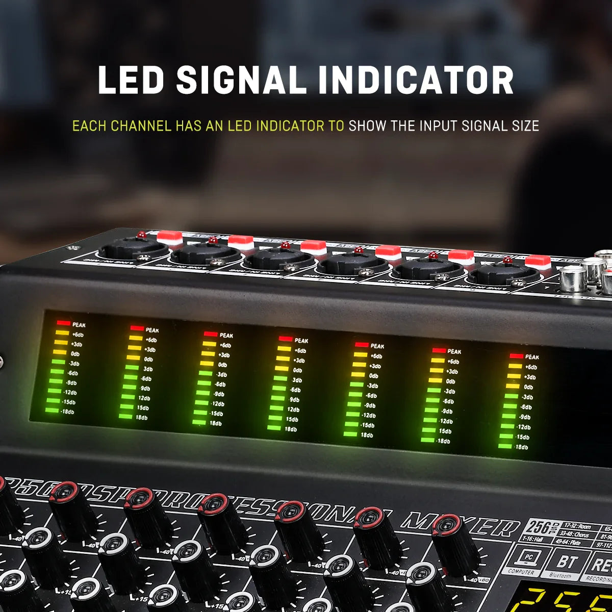 Bomge pd-8 professional black audio mixer with red and black knobs and green yellow led signal levels for dj use