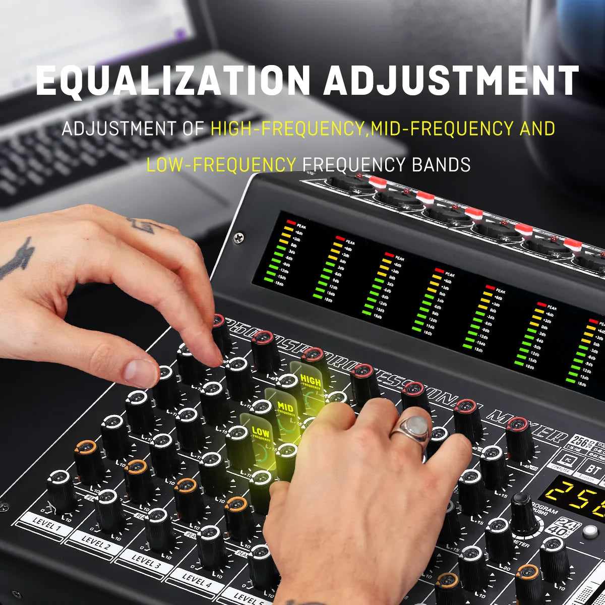Black bomge pd-8 professional 8 channel mixing console with power amplifier red-accented knobs and digital frequency display