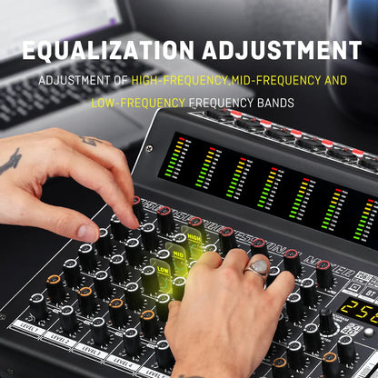 Black bomge pd-8 professional 8 channel mixing console with power amplifier red-accented knobs and digital frequency display