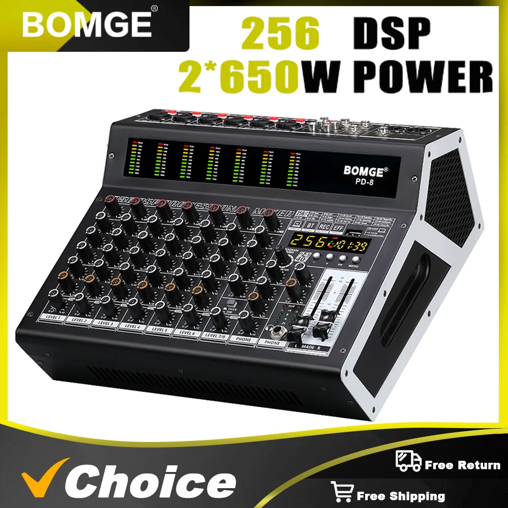 Black and silver Bomge PD-8 professional 8 channel DJ audio mixer with 256 DSP effects and digital level display with two 650W speakers