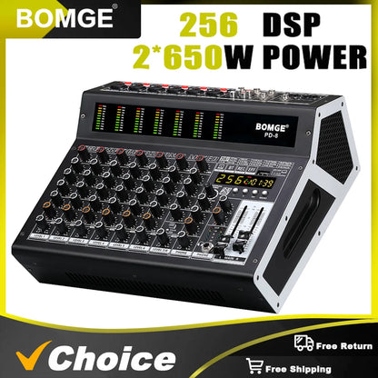 Black and silver Bomge PD-8 professional 8 channel DJ audio mixer with 256 DSP effects and digital level display with two 650W speakers