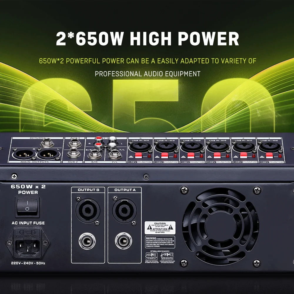 Black professional audio amplifier with two 650w channels and multiple jacks on the back of bomge pd-8 mixing console