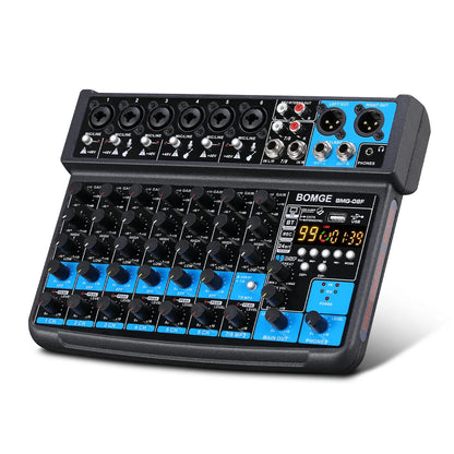 Black and blue bomge bmg-08f 8 channel dj audio sound mixer with phantom power and digital display for professional use