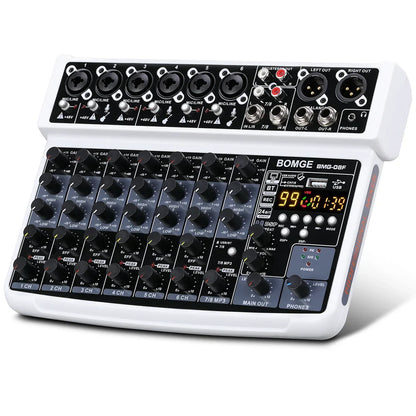 White bomge bmg-08f channel dj audio sound mixer with black knobs phantom power and digital display for karaoke use
