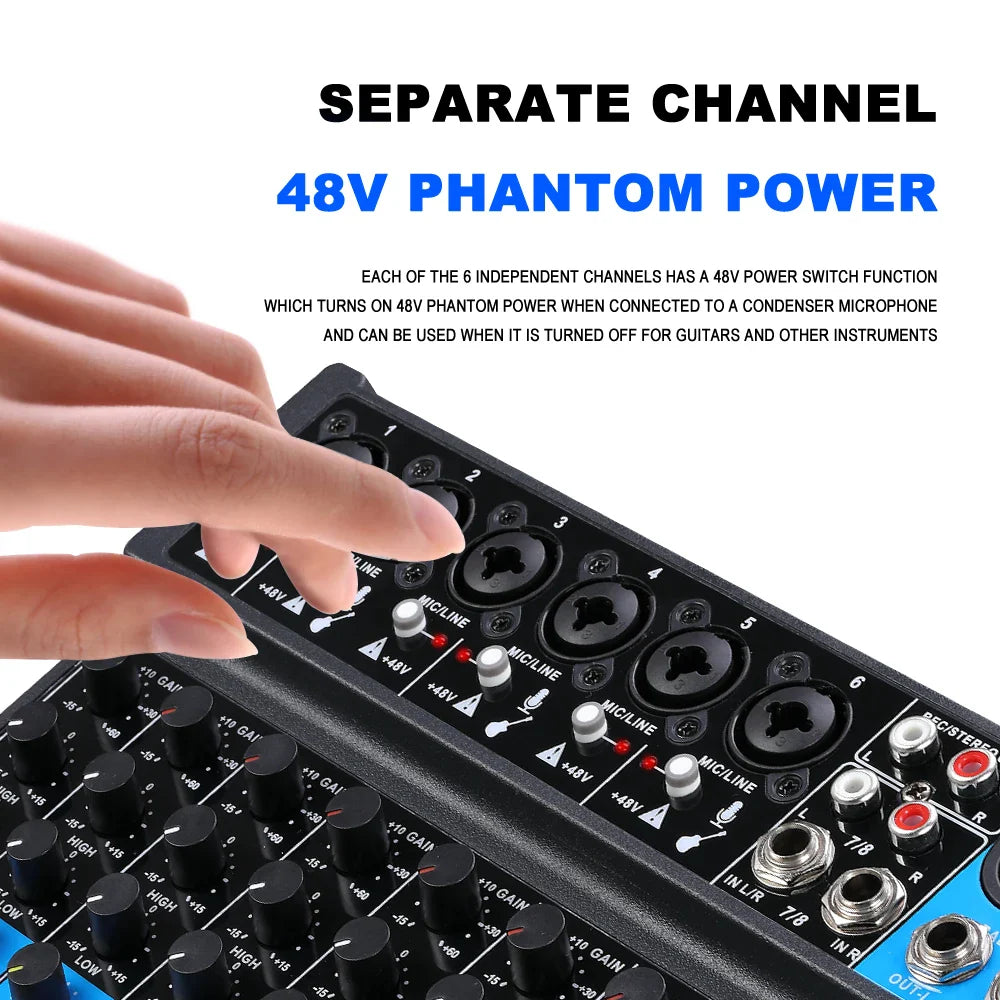 Black 6 channel bomge professional dj audio sound mixer with labeled input jacks gain controls and phantom power