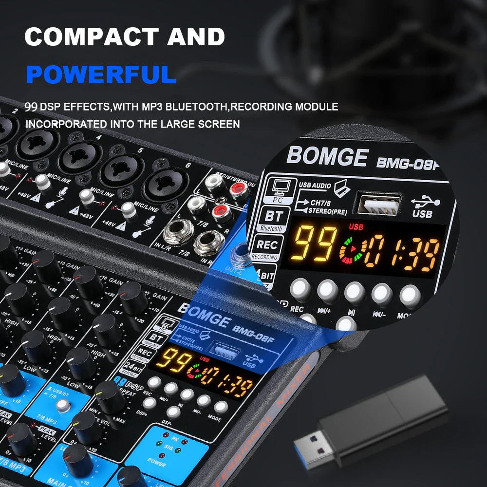 Black and blue bomge bmg-08f compact audio sound mixer with large screen and phantom power for channel dj audio use