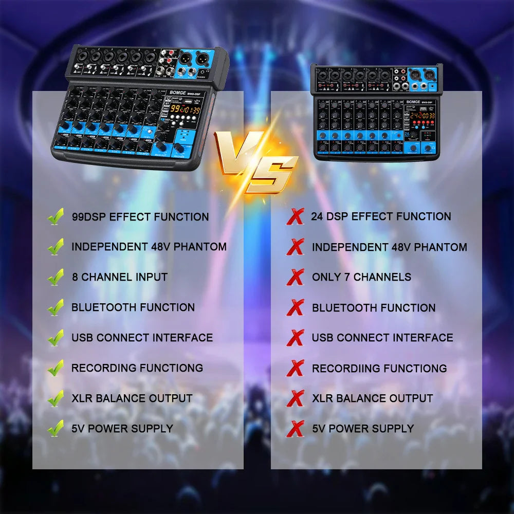 Bomge professional blue and black 8 channel dj audio sound mixer with 99 dsp effects phantom power and usb interface