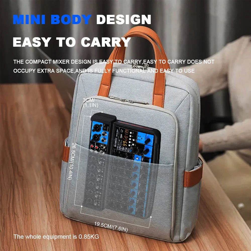 Gray fabric backpack with tan leather handles designed to carry bomge professional 8 channel dj audio sound mixer with phantom power