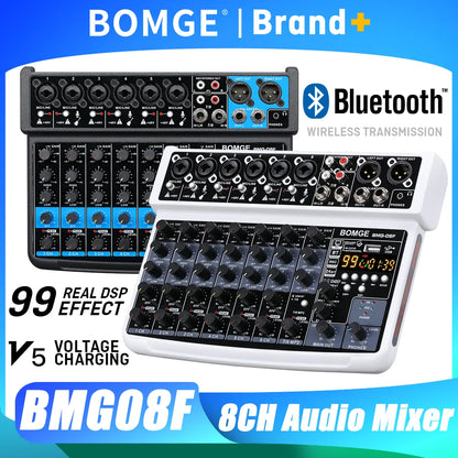 White and black bomge bmg08f 8 channel dj audio sound mixer with phantom power and bluetooth wireless transmission