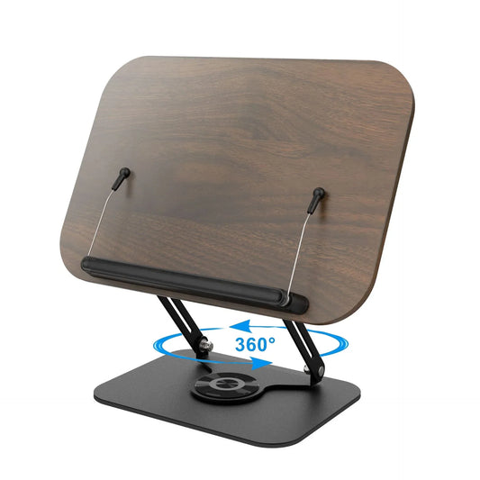 Adjustable book holder wooden laptop stand with black metal base and 360 degree swivel foldable cookbook stand