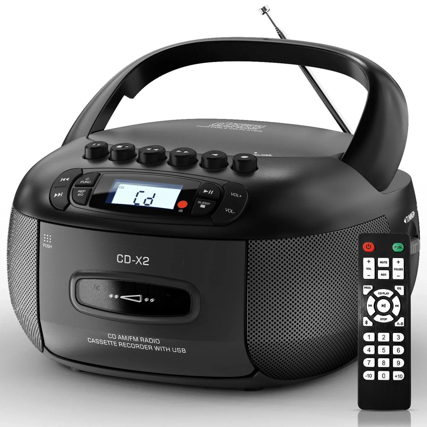Black plastic boombox cd cassette player combo with am fm radio usb port aux and handle for portable stereo sound