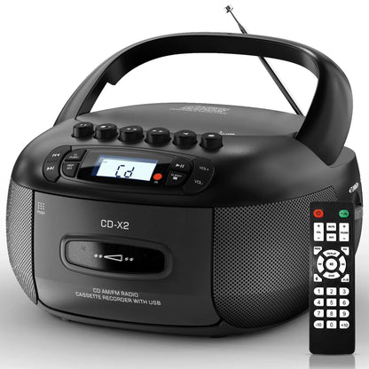 Black plastic boombox cd cassette player combo with am fm radio usb port aux and handle for portable stereo sound
