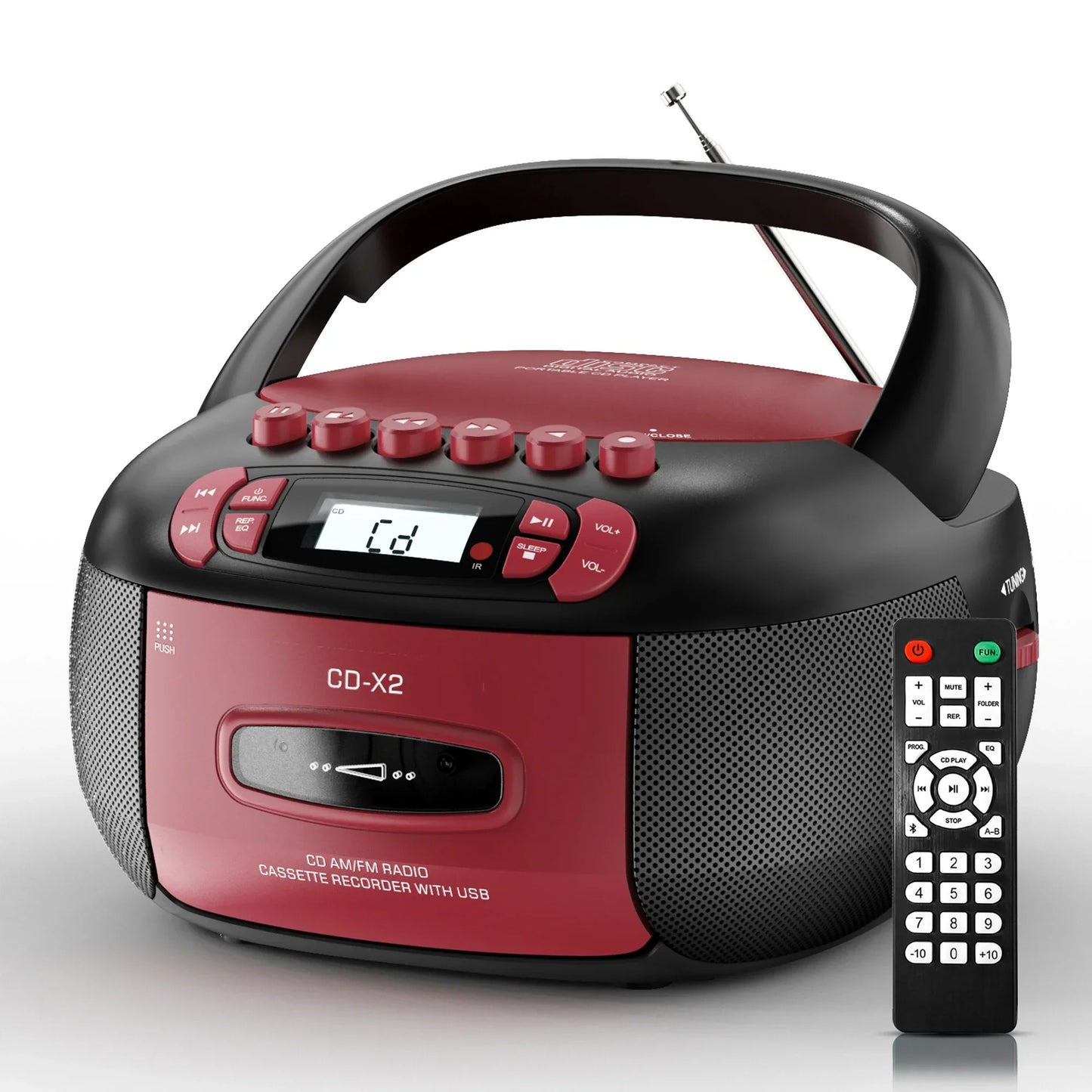 Red and black boombox cd cassette player combo with aux usb mp3 and am fm radio for stereo sound and recording